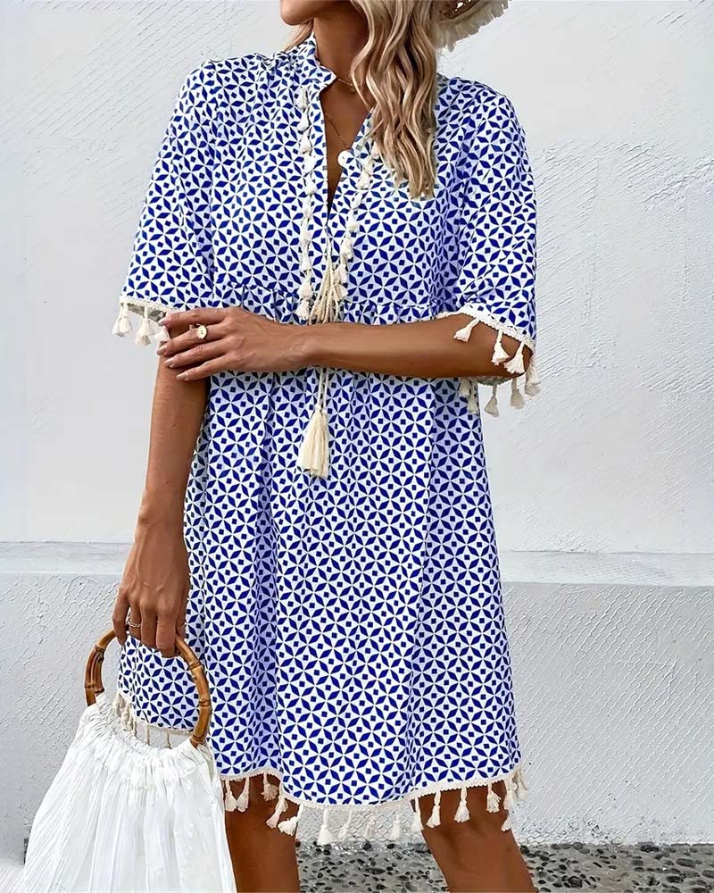 Winnie|V-neck dress with tassel pattern 