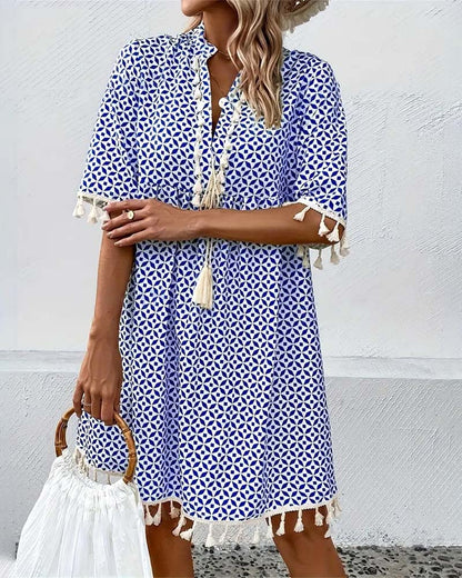 Winnie|V-neck dress with tassel pattern 