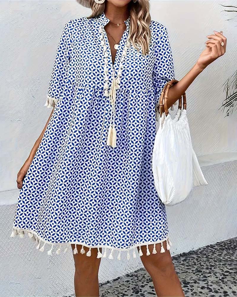 Winnie|V-neck dress with tassel pattern 