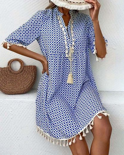 Winnie|V-neck dress with tassel pattern 