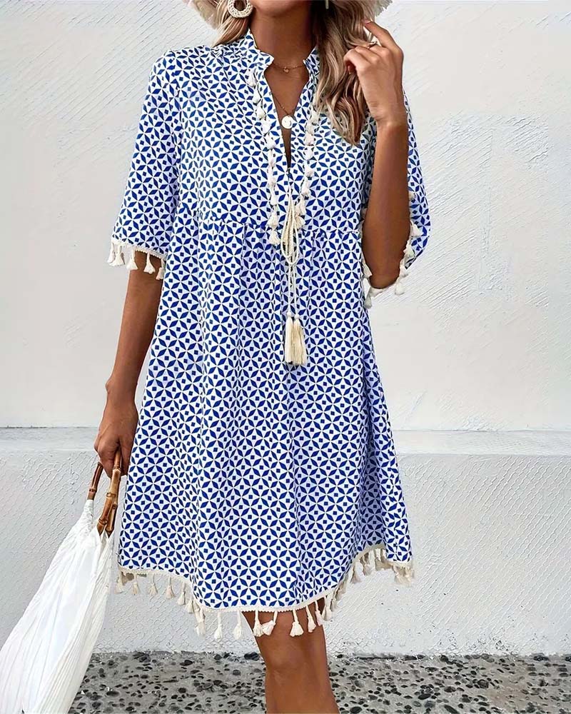 Winnie|V-neck dress with tassel pattern 