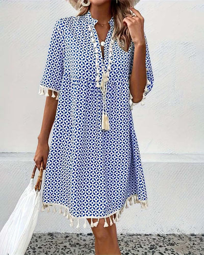 Winnie|V-neck dress with tassel pattern 