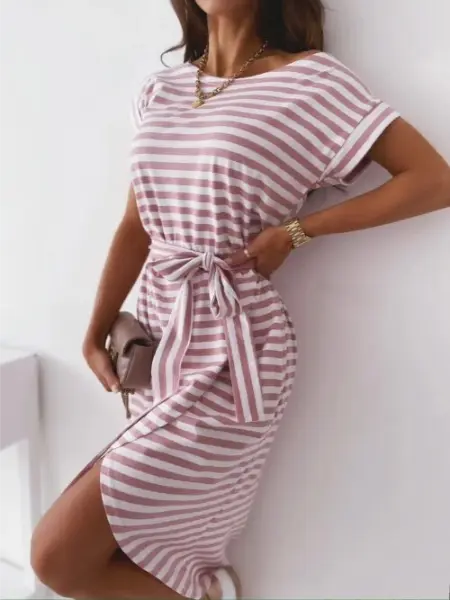 Alyssa | שמלת חגורה קז'ואל מפוספסת